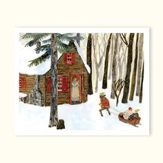 a painting of two people pulling a sleigh in the snow near a cabin