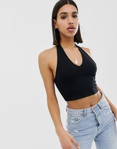 ASOS DESIGN crop top with halter neck in black | ASOS Halter Neck Top Outfit, Neck Top Outfit, Halter Tops Outfit, Top Outfit Ideas, Tops Outfit, Cheap Shopping, Top Diy, Black Halter Top, Lace Peplum