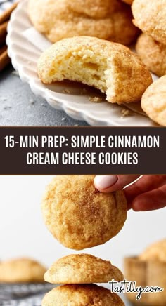 three different views of cookies with the words, 15 min prep - simple cinnamon cream cheese cookies