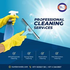 a person in yellow gloves holding a spray bottle with soap on it and the words professional cleaning services