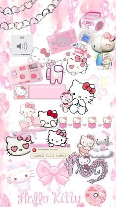 hello kitty wallpaper with lots of pink and white items on it's side