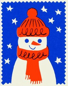 a drawing of a snowman wearing a red hat and scarf with stars in the background