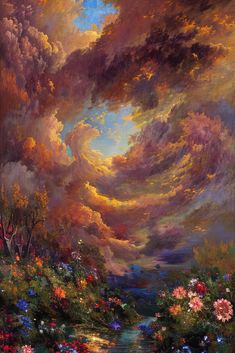 an oil painting of flowers and clouds in the sky above a river with water running through it