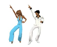 two people dressed in white and blue are dancing with their hands up to the side