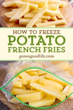 how to freeze potato french fries on a cutting board and in a bag with text overlay