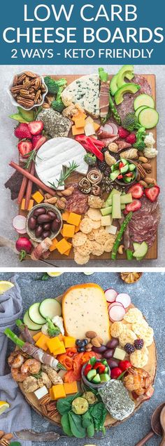 two pictures with different types of cheeses and vegetables on them, one has an assortment of