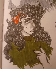 a drawing of a woman with long hair and an orange flower in her hair is shown