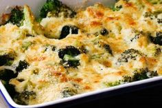 a casserole dish with broccoli and cheese