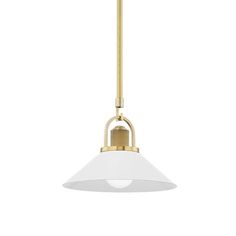 a brass and white pendant light with an open shade on the bottom, hanging from a ceiling fixture