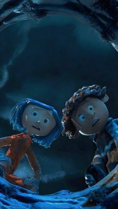 an animated scene with two people standing in front of a dark background, one holding the hand of another person