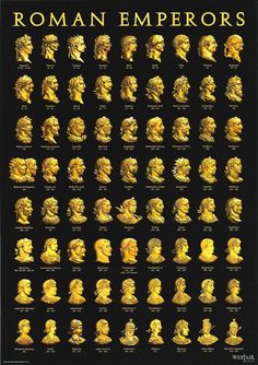 a poster with many busts of roman emperors in gold and black on a table