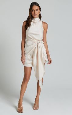 Behati Mini Dress - High Neck Wrap in Oyster High Neck White Mini Dress, Fitted Beige Mini Dress With High Neck, Elegant Beige High Neck Mini Dress, Casual White High Neck Mini Dress, Beige Fitted High Neck Mini Dress, Wrap Dress Styles, Sleeveless Wrap Dress, High Neck Mini Dress, Sleeveless Bodycon Dress