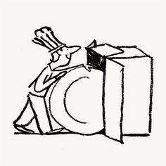 a black and white drawing of a man pushing a box