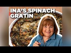 the cover of ina's spinach gratin with a woman holding a fork