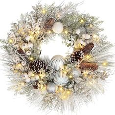 a christmas wreath with pine cones and lights