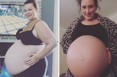 a pregnant woman standing in front of a tv and holding her belly up to the camera