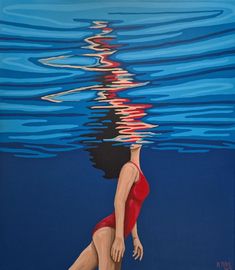 a painting of a woman in a red swimsuit under the water's surface