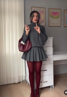 Navy Blue Stockings Outfit, Skort Outfit Elegant Winter, Gray Burgundy Outfit, Tube Dress With Shirt Underneath, Burgundy Pantyhose Outfit, Outfits With Burgundy Boots, Design Tights Outfit, Burgundy Shoes Outfit Women, Burgundy Stockings Outfits