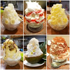 six different desserts in glass bowls with spoons