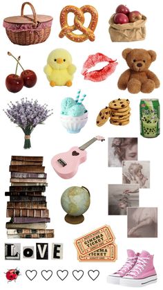 a collage of various items that include teddy bears, apples, cookies and other things