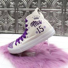 Quinceanera Shoes Sneakers Purple, Qunice Shoes, Quinceanera Surprise Gift Ideas, Quince Clothes, Quince Sneakers, Quince Shoes Sneakers, Decorated Sneakers, Quinceanera Shoes, 15 Shoes