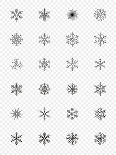 snowflakes are shown in black and white on a transparent background, with no borders