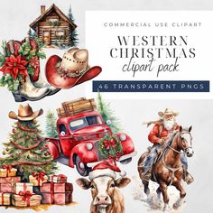 western christmas clipart pack with watercolors and hand - painted images for commercial use