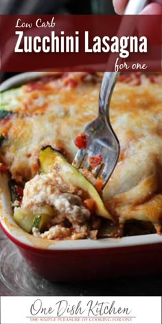 a close up of a person holding a fork in a casserole dish with zucchini lasagna