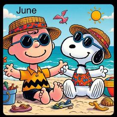 a cartoon character sitting on the beach next to a dog wearing sunglasses and a hat