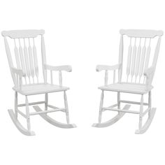 two white rocking chairs sitting next to each other