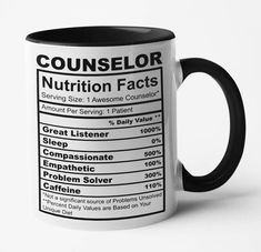 a black and white coffee mug with nutrition labels on it