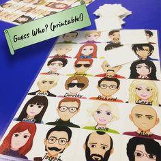 a table topped with pictures of people and the words guess who? printables