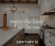 a large kitchen with white cabinets and wood flooring is featured in the magazine century 21