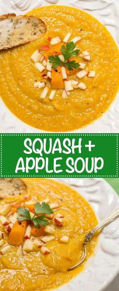 two bowls of squash and apple soup with toasted bread on the side for garnish