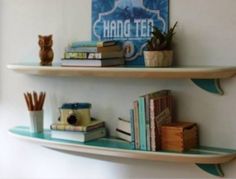 two shelves with books and plants on them