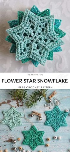 crocheted snowflake is shown with the text, flower star snowflake free crochet pattern