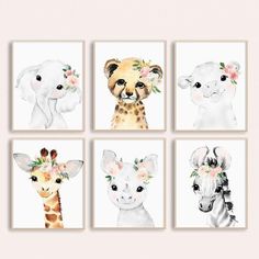 four giraffes with flowers on their heads and one zebra's head