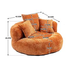 a large orange chair with measurements for it