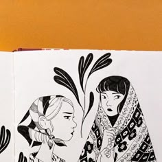 two black and white drawings of women in native dress