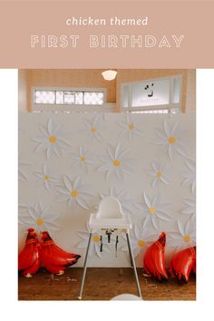 a birthday card with red balloons and white flowers on the wall next to a ladder