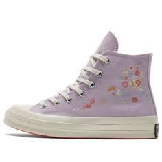 Converse WMNS Chuck 70 High 'Embroidered Floral Print - Pale Amethyst' A01584C Converse Purple Sneakers For Spring, Purple Converse Sneakers For Spring, Spring Purple Converse Sneakers, Converse 1970s, Cute Converse Shoes, Purple Converse, Cute Converse, Blue High Tops, 1970s Design