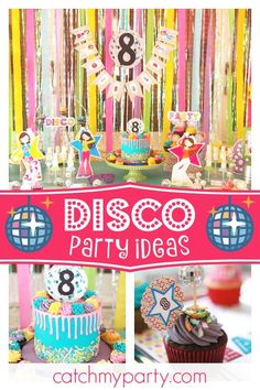 disco party ideas for girls with colorful decorations and cupcakes on the table in front of them