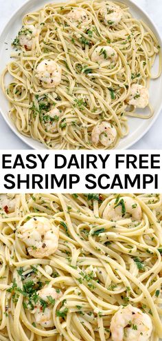 shrimp scampp pasta with garlic and parsley in a white bowl