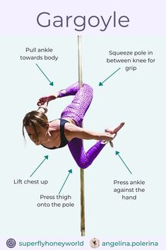 a woman is hanging upside down on a pole with words describing how to do it