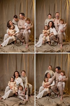 four pictures of a family posing for the camera with their two children and one adult