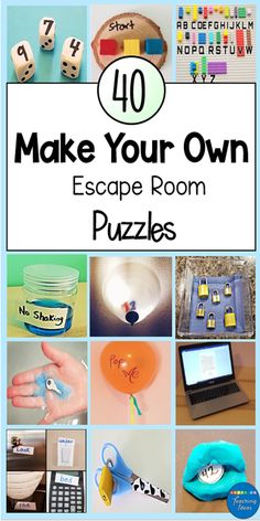 A collection of 12 small square pictures of puzzles and clues that you can make at home.  Such as building block alphabet clue, dice, locks, a laptop, pop me balloon and more DIY ideas using things from home. Mermaid Escape Room, Dollar Tree Escape Room, At Home Escape Room For Adults, Disney Escape Room, Winter Escape Room, Diy Escape Room Ideas, Escape Room Ideas, Escape Room At Home, Escape Box