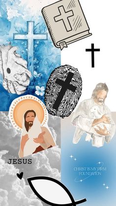 the cross, jesus and fish are depicted in this collage