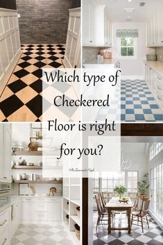 a kitchen with black and white checkered flooring in the middle, an open dining room