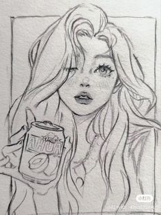 a drawing of a girl holding a can of soda in her hand and looking at the camera