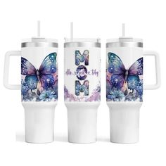 three travel mugs with butterflies on them